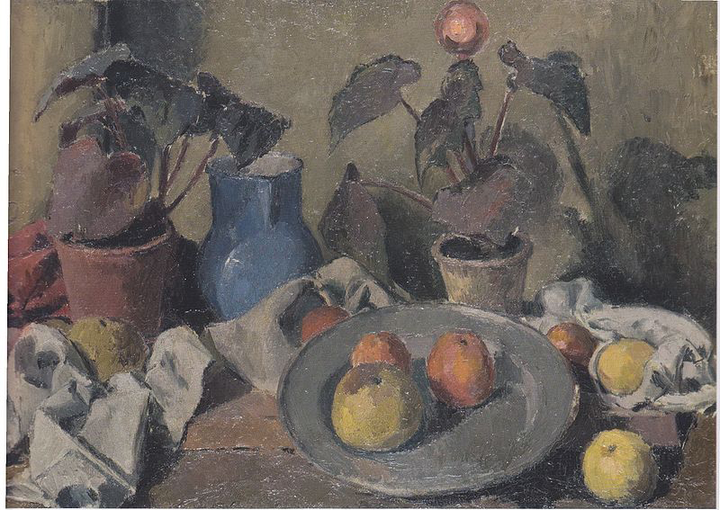 Still life with fruits, foliage plants and jug